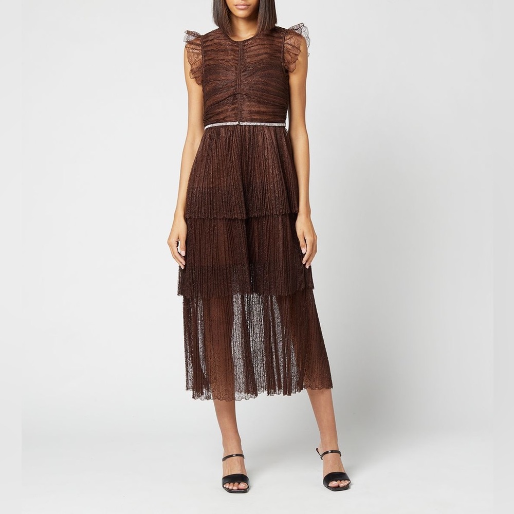 SELF PORTRAIT Crystal-Trimmed Pleated Lace Midi Dress